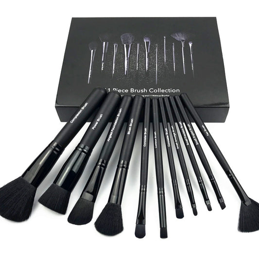 Black 11pcs Makeup Brush Set Wooden Handle Fiber Hair Beauty Tools  No logo