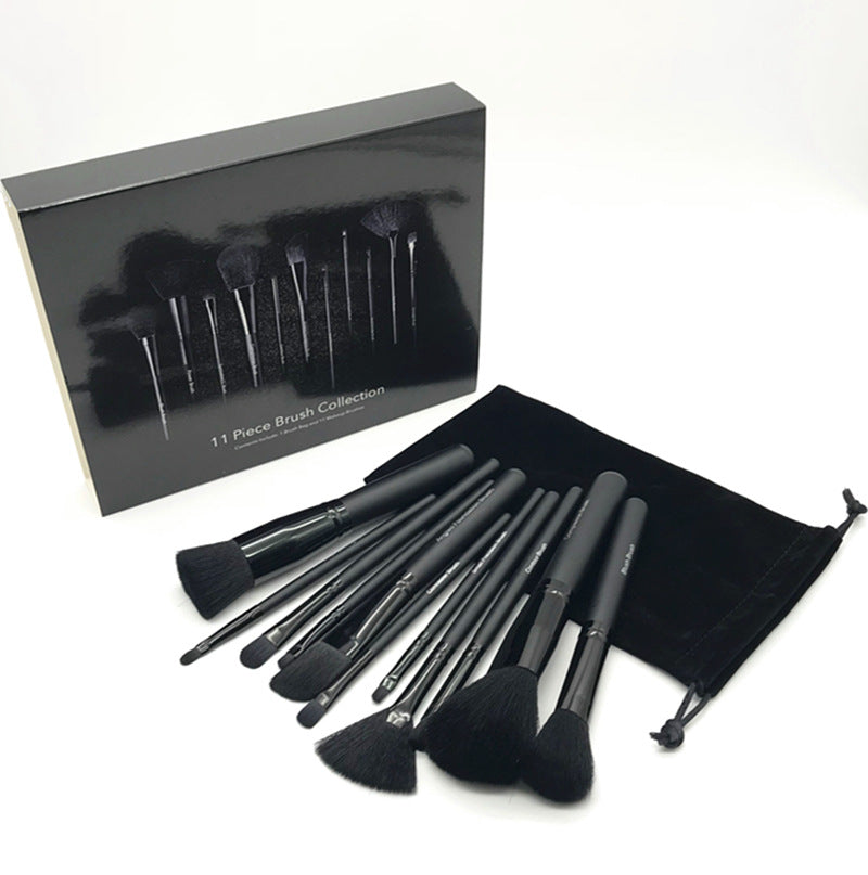 Black 11pcs Makeup Brush Set Wooden Handle Fiber Hair Beauty Tools  No logo