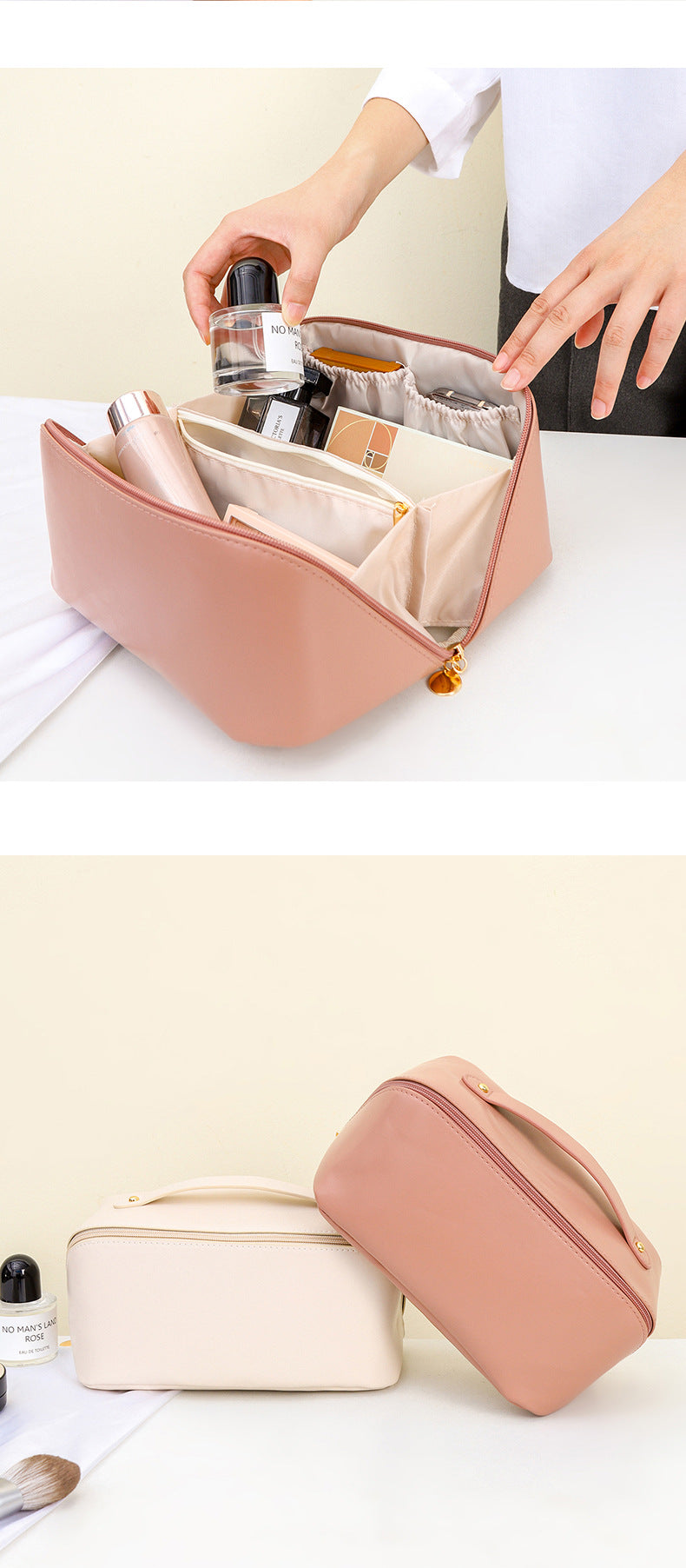 Organ PU Leather Pillow Bag Cosmetic Toiletries Storage Bag Large Capacity Zoned Storage Cosmetic Bag